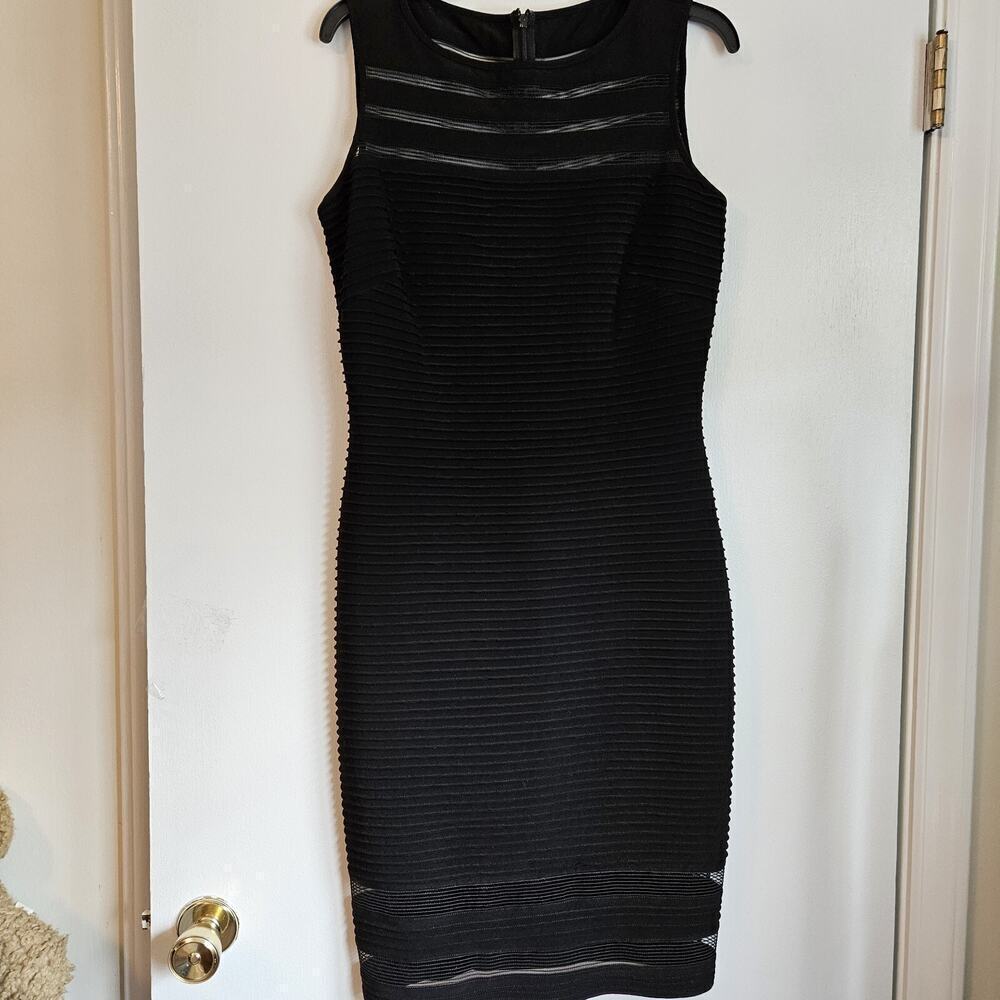 Adrianna Papell Black Ribbed Pencil Dress Size 8 Sheer Stripes Bodice & Hem